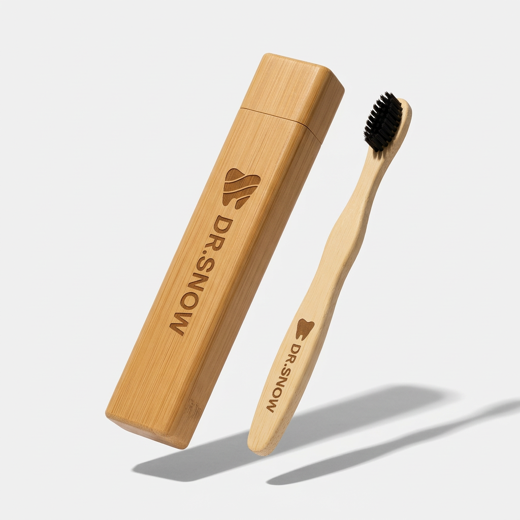 Bamboo toothbrush and case with 'Dr. Snow' branding on a light gray background
